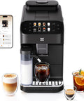 Smart Automatic Espresso Maker With Built In Burr Grinder And Dual Milk Frother One Tap Super Coffee Brewer showing drinks and a mobile app.
