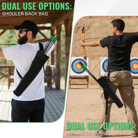 Archery Quiver For Back Or Hip Carry Adjustable Arrow Holder, dual use, with shoulder strap and lightweight design in black.