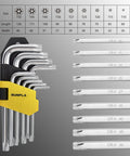 Beefy 9 Piece Torx And Allen Wrench Set With Short Arm Hex Keys T10 To T50 In Chrome Vanadium Steel with size chart