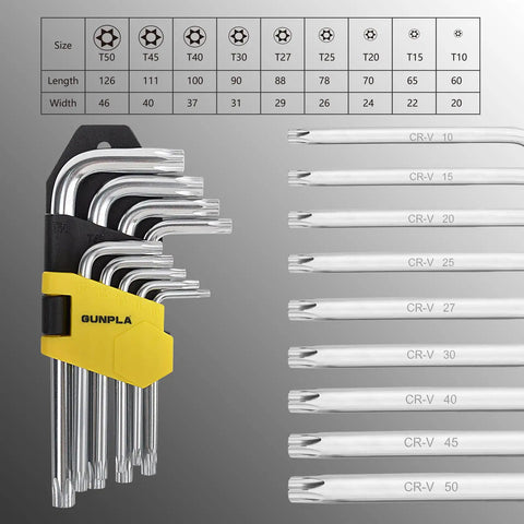 Beefy 9 Piece Torx And Allen Wrench Set With Short Arm Hex Keys T10 To T50 In Chrome Vanadium Steel with size chart