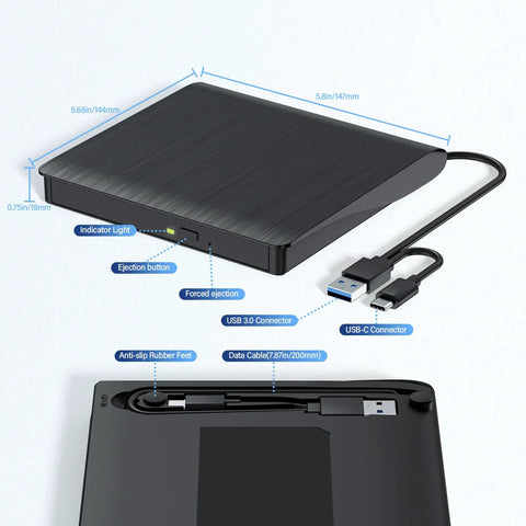 External Blu Ray Drive On The Go Portable Blu Ray Player And CD DVD Burner With USB 3 And Type C Reader Read BD DVD CD Plug And Play Lightweight For Windows Mac Linux 2 In 1 black metal drive with USB 3.0 and USB-C cables