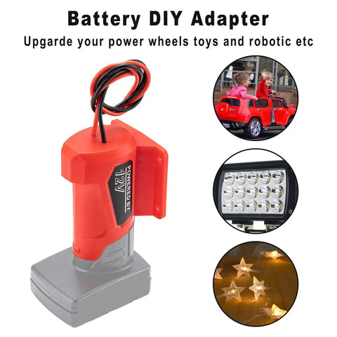 Power Battery Adapter Wheel For 12V M12 Battery With 14 Gauge Connector, Easy Snap On Install, shown with DIY RC cars and lights.