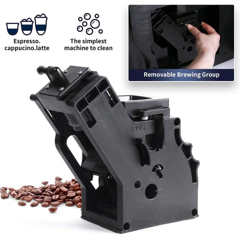 Removable brewing group of the Super Fully Automatic Bean To Cup Espresso Coffee Machine with 7 Inch HD Touchscreen featuring coffee beans.