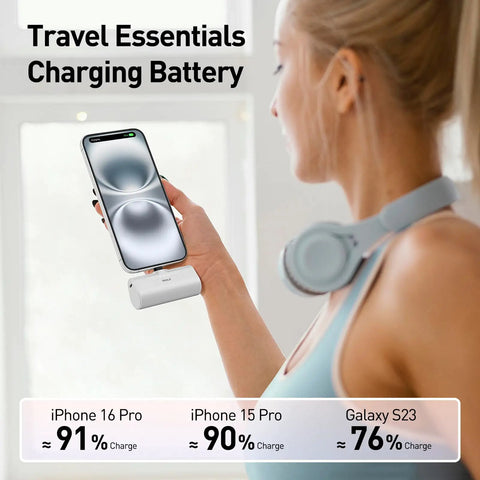 Pocket Sized 4500 Mah Portable Power Bank With 20W Fast Charge And Dual Usb C Ports For iPhone 17 16 15 Plus Pro Max And Samsung Galaxy S25 S24 S23 Android Travel Battery Pack being used to charge smartphones.