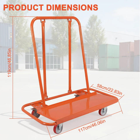Dimensions of Beefy Drywall Cart With Detachable Swivel Wheels Heavy Duty Steel Frame Large Capacity Handcart in warehouse setting.