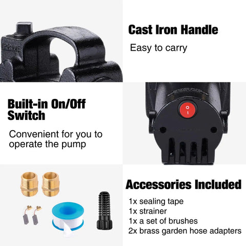 Beast Of A Portable Cast Iron 1/2 HP Water Transfer Pump with built-in On/Off switch and included accessories
