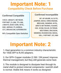 Compatibility check and heat info for 10G SFP Plus to RJ45 Copper Adapter with auto sensing, low power under 2.5W