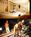 Work Light With Stand 100W 10000LM Portable Construction Flood Light illuminating attic and construction workers in tunnel