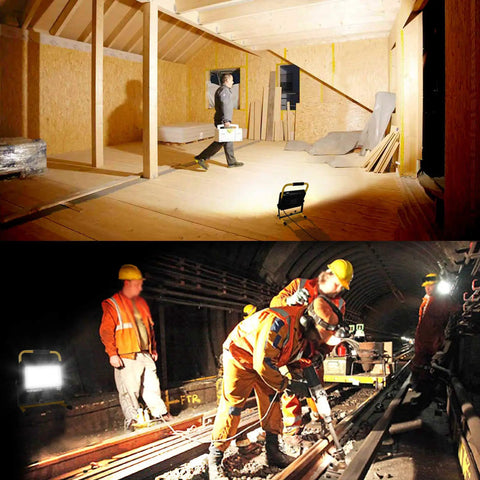 Work Light With Stand 100W 10000LM Portable Construction Flood Light illuminating attic and construction workers in tunnel
