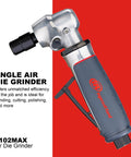 5102MAX Air Die Grinder with Right Angle Head and Ergonomic Grip, Grey, shown with spindle lock for quick grinding.