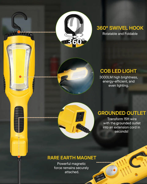 Built Tough 24W LED Work Light With 3000LM Output Dual 1500LM And 3000LM Settings handheld underhood trouble light with hook