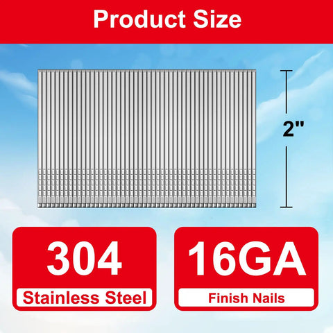 Hardcore 304 Stainless Steel 16 Gauge 2 Inch Straight Finish Nails Serving Legit Salt Water And Acid Resistance Heavy Duty Build Quality With A Dope 1800 Count Box Secured For Your Next Big Gig displayed with size labels.