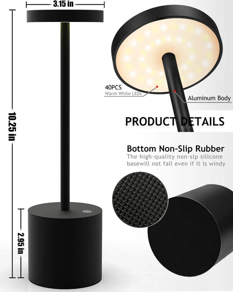 Two Pack Cordless Desk Lamp Rechargeable With 5000mAh Battery, Metal design, showing LED layout and non-slip rubber base.