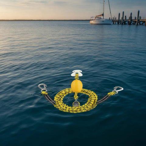 Marine Tow Line With Pulley Shock Absorb Bungee Dock Line Stretchable Rope For Dock Mooring Yellow And Green on water