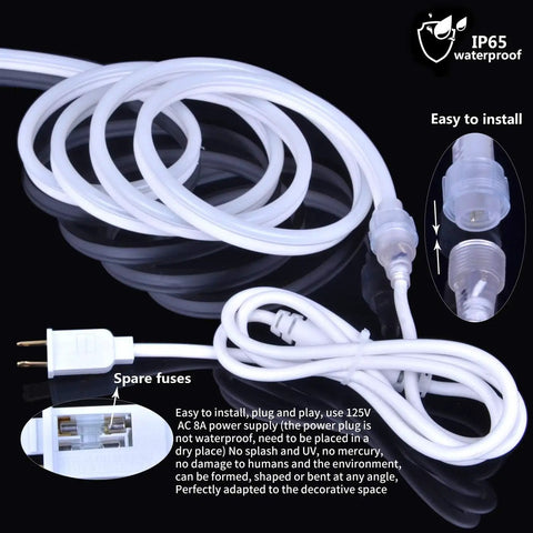 20 Ft LED Neon Rope Lights 110V Daylight White 6000K Waterproof Flexible Connectable Light Strip with plug and fuses