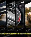 Collage showing car engine components and performance benefits: improve combustion, optimize efficiency, throttle response, peace of mind.