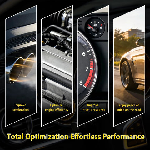 Image showing stages of vehicle performance enhancement: exhaust, engine, speedometer, and car on road.