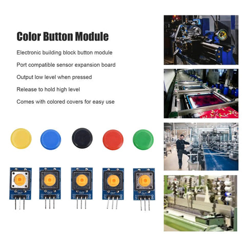 5 Piece Button Switch Module Large Push Button Board With Tactile Keys And Color Covers, featuring colored buttons on PCB.