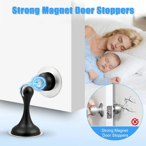 Magnetic Door Stop 2 Pack Heavy Duty Stainless Steel No Drill Installation with strong magnet, soft catch for wall and knob protection.