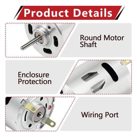 Image showcasing details of the 2 Pack 12V DC RV Fan Motor Replacement Kit for Roof Vents, emphasizing shaft, enclosure, and wiring port.