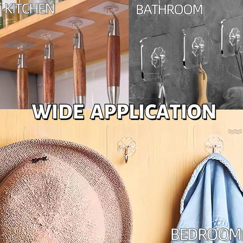 Heavy Duty Adhesive Wall Hooks Up To 50 Lbs No Drill No Damage Clear Waterproof Wall Hangers in kitchen, bathroom, and bedroom