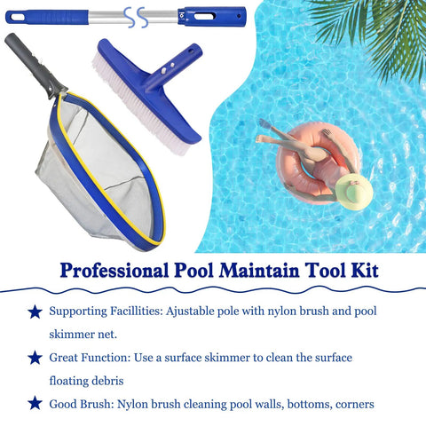 All In One Pro Grade Pool Cleaning Kit With 10 Inch Nylon Brush And 50 Inch Telescopic Aluminum Pole With Ultra Fine Mesh Skimmer Net