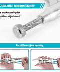 Close-up of adjustable screw jaw on Long Nose Locking Pliers With Wire Cutter, Built Tough Chrome Vanadium Construction.