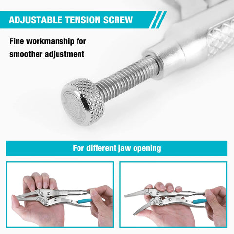 Close-up of adjustable screw jaw on Long Nose Locking Pliers With Wire Cutter, Built Tough Chrome Vanadium Construction.