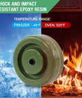 High temperature caster wheels with epoxy resin, freezer to oven usage range -40F to 525F, ideal for bakery and industrial settings.