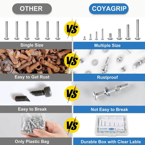 Comparison image showing differences between single size rusty screws and Ultimate 121 Piece Nuts And Bolts Kit with rustproof finish.