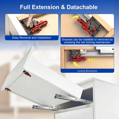 Heavy Duty Undermount Drawer Slides Two Pairs Twenty One Inch Full Extension Soft Close displaying installation and locking features.