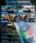 Diagram showing 4K 360 Degree Dash Cam With Interior Driver Monitor, highlighting 4 channel 150° coverage, front and rear views.