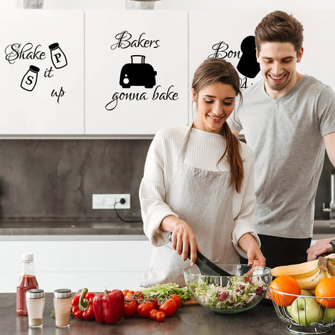 Couple cooking in kitchen with Kitchen Wall Stickers Quotes Vinyl Decals With Funny Lettering For Fridge, Home And Bar Decor