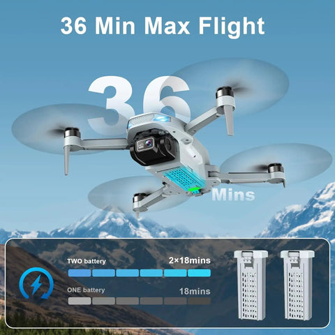 2K HD Camera Drone With FPV For Adults showcasing flight time with 36-minute max duration, dual battery setup, and quadcopter in flight.