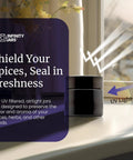 Top Tier Tall Black Glass Storage Vessel With Ultraviolet Filtering Glass showcasing a UV filtering airtight jar on a windowsill.