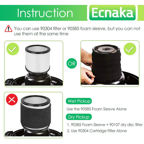 Instruction image for using 90304 filter or 90585 foam sleeve with Three Pack Foam Sleeve Filters And Three Pack Wet Dry Vacuum Filters For 5 Gallon And Up Vacuums VF2002 Dry Discs With Three Retaining Bands Replacement 9058500 And 9010700 Fit Most 5 Gallon And Up Vacuums