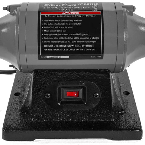 Close-up of 6 Inch Electric Polisher Benchtop Buffer Grinder with 1/2 HP motor and stable cast iron base in shop