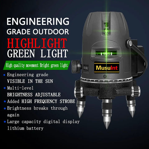 Five Line Laser Level With 360 Self Leveling, Green Beam, 360 Degree Rotating Base, Li-ion Battery, Burst Flash Mode, Plumb Point.