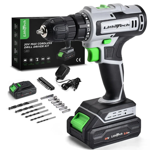Cordless Drill Set With 20V Power Drill, 2.0Ah Battery And Fast Charger, Three Eighths Inch Keyless Chuck, 18 Plus 1 Torque Settings