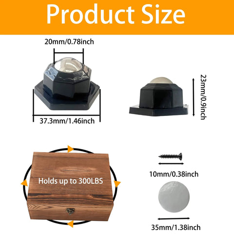 Dimensions and details of Four Pack Self Adhesive Caster Wheels 360 Swivel Mini Ball Bearing Rollers 300 Lbs Capacity For Furniture And Bins.