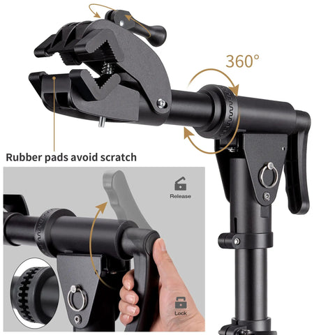 Close-up of 360 Degree Rotating Bike Repair Stand with beefy clamp grips and rubber pads for 1 to 1.75 inch tubes