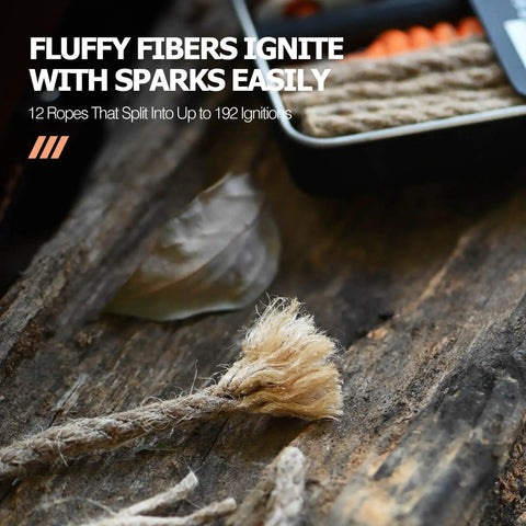 Close-up of waxed jute ropes from the Ferro Rod Fire Starter Survival Tool All In One Flint And Steel Kit Waterproof No Fuss Get Your Fire Going Fast For Camping Hunting Bushcraft Hiking And Emergency Prep Compact Palm Sized Tin Sparks And Long Lasting Flame.
