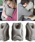 Ergonomic Inflatable Travel Pillow For Planes With Neck Support And Comfy Head Rest For Long Flights Train Rides Or Office Naps No More Neck Pain Ever with people using it in a car and airplane.