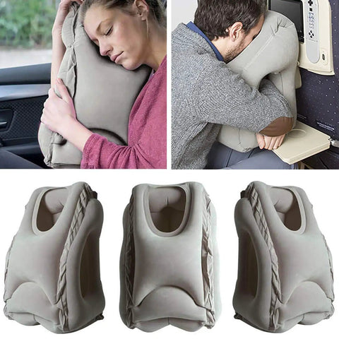 Ergonomic Inflatable Travel Pillow For Planes With Neck Support And Comfy Head Rest For Long Flights Train Rides Or Office Naps No More Neck Pain Ever with people using it in a car and airplane.