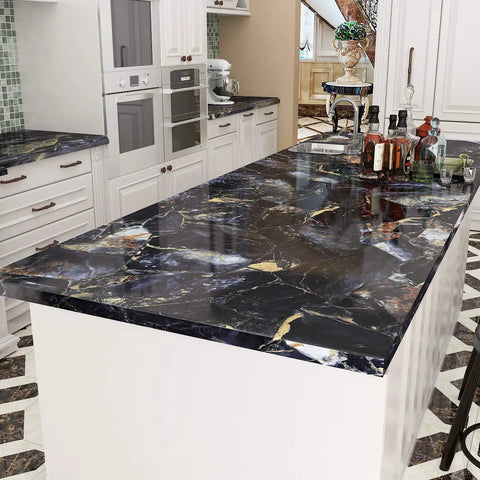 Kitchen with marble peel and stick wallpaper for countertops and surfaces DIY friendly no mess install waterproof vinyl self adhesive
