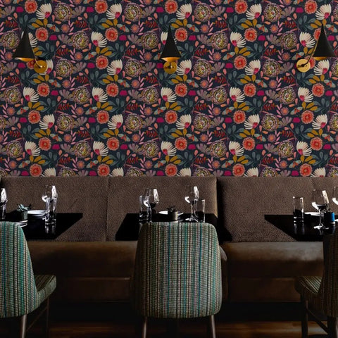 Custom Printed Colorful Blue Floral Vinyl Wallcovering Featuring Subtle Leather Texture Paste Apply Built Tough Commercial Grade Decor Roll For Offices Hotels And Restaurant Spaces Certified Favorite in dining area.