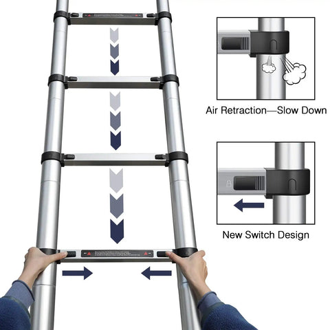 Aluminum Telescoping Extension Ladder 12.5 ft With Locking Mechanism showing retraction feature and handle adjustments.
