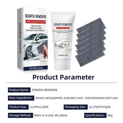Scratch Remover For Cars Quick Fix Kit With Nano Sparkle Cloth 60g, shown with packaging and gray cloth sheets