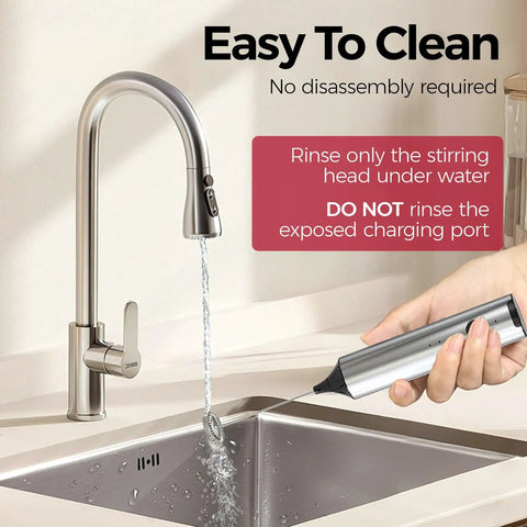 Rechargeable Milk Frother With Stand Handheld Coffee Frother Wand rinsed under faucet next to kitchen sink instructions visible