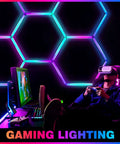 Gaming room with 24 Pack Remote Hexagon RGB LED Panels Ceiling Lights With 358 Modes IP54 for immersive experience